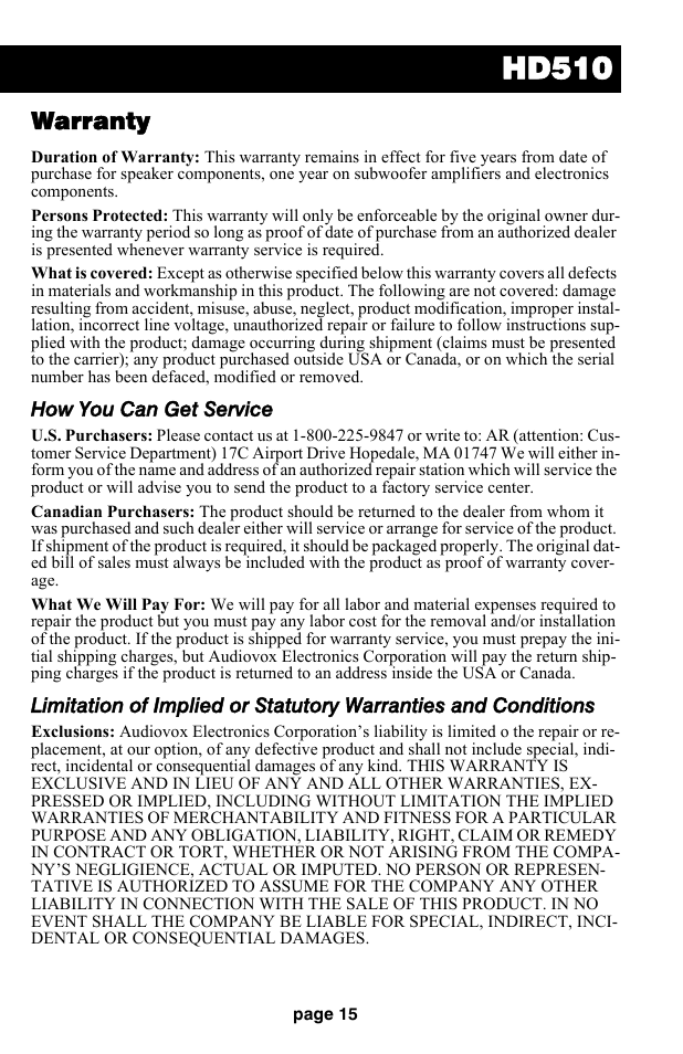 Hd510, Warranty, How you can get service | Audiovox HD510 User Manual | Page 17 / 51