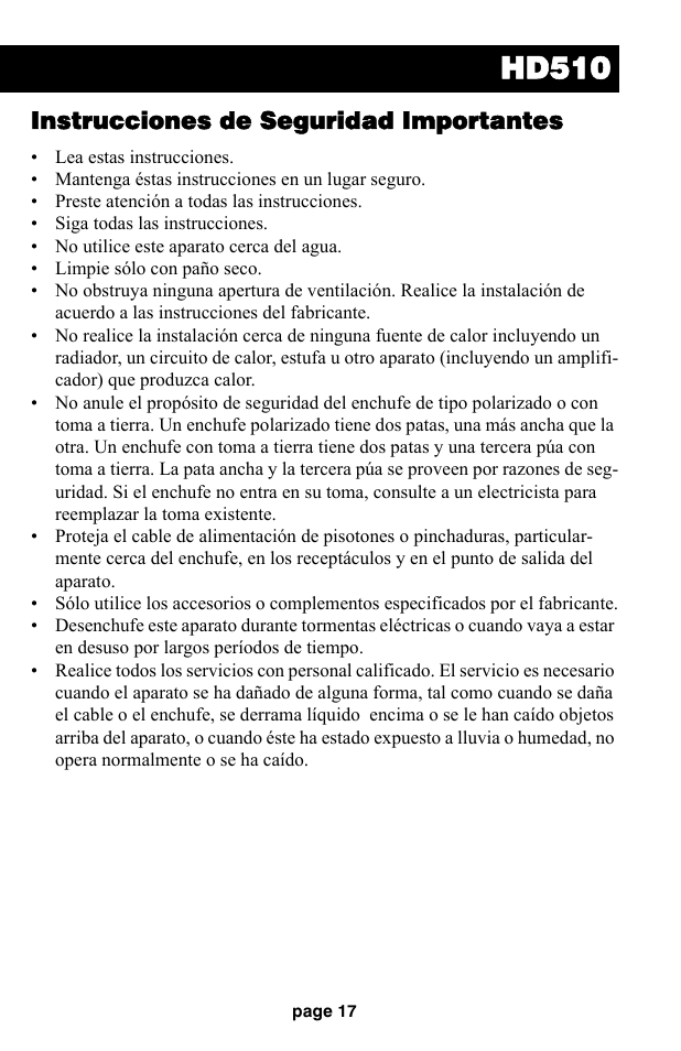 Hd510, Instrucciones de seguridad importantes | Audiovox HD510 User Manual | Page 19 / 51