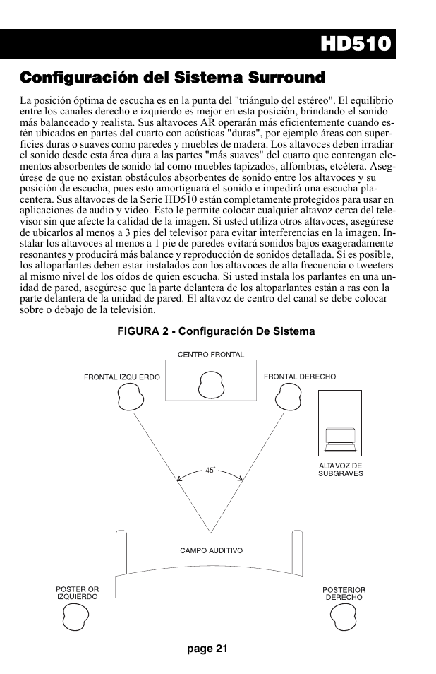 Hd510, Configuración del sistema surround | Audiovox HD510 User Manual | Page 23 / 51