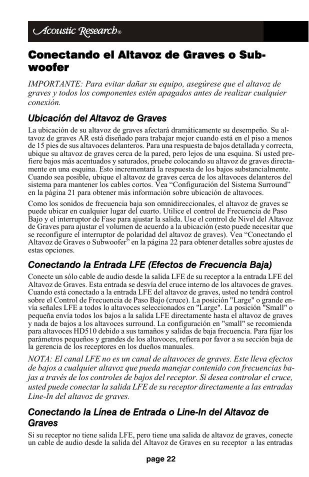 Conectando el altavoz de graves o sub- woofer, Ubicación del altavoz de graves | Audiovox HD510 User Manual | Page 24 / 51