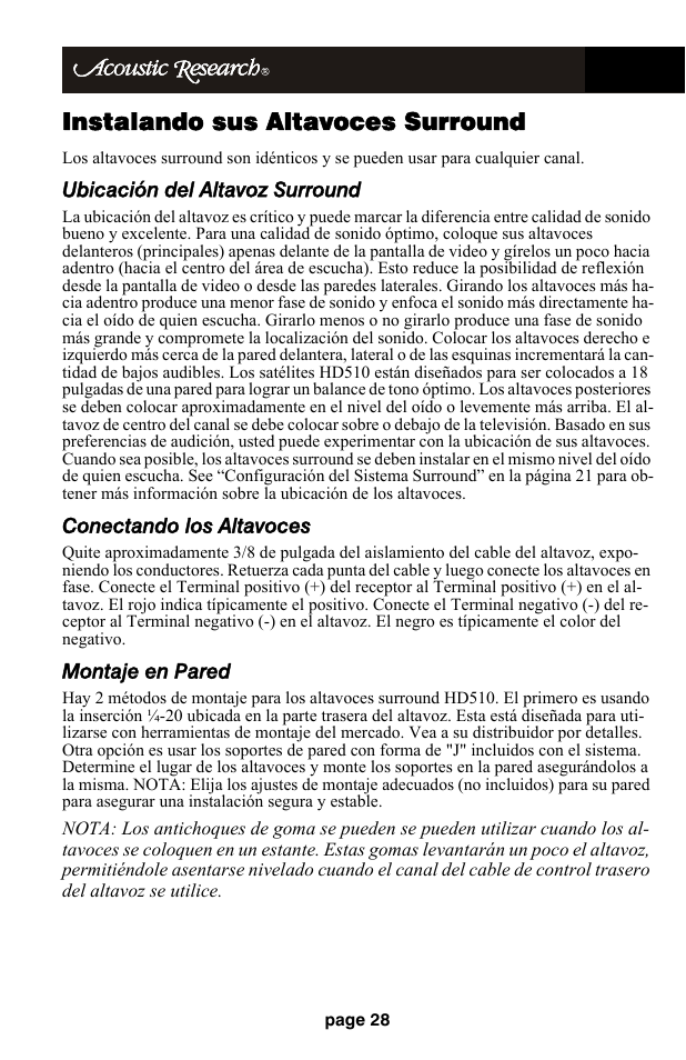 Instalando sus altavoces surround, Ubicación del altavoz surround, Conectando los altavoces | Montaje en pared | Audiovox HD510 User Manual | Page 30 / 51