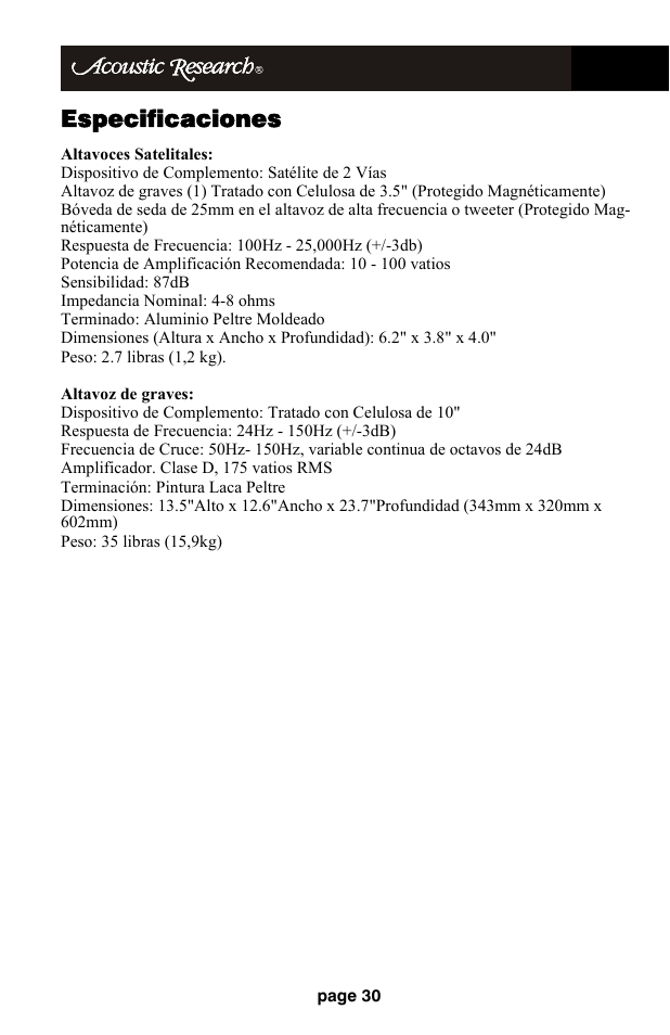 Especificaciones | Audiovox HD510 User Manual | Page 32 / 51