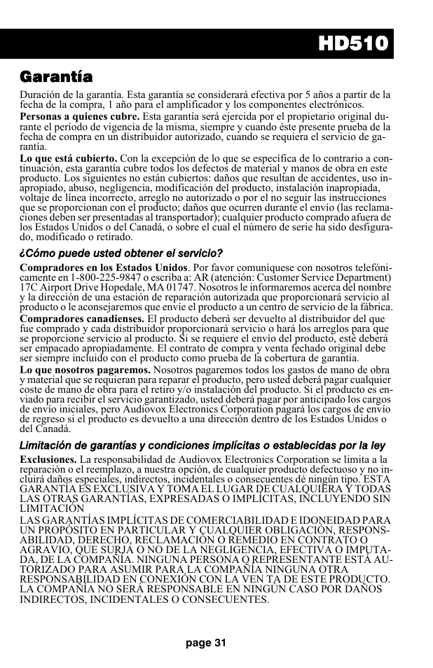 Hd510, Garantía | Audiovox HD510 User Manual | Page 33 / 51