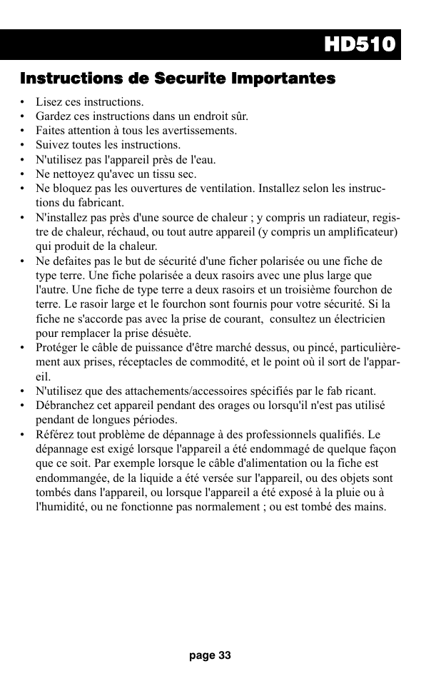 Hd510, Instructions de securite importantes | Audiovox HD510 User Manual | Page 35 / 51