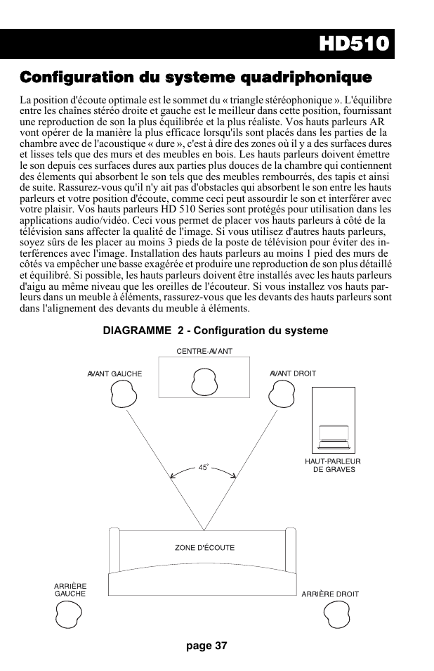 Hd510, Configuration du systeme quadriphonique | Audiovox HD510 User Manual | Page 39 / 51