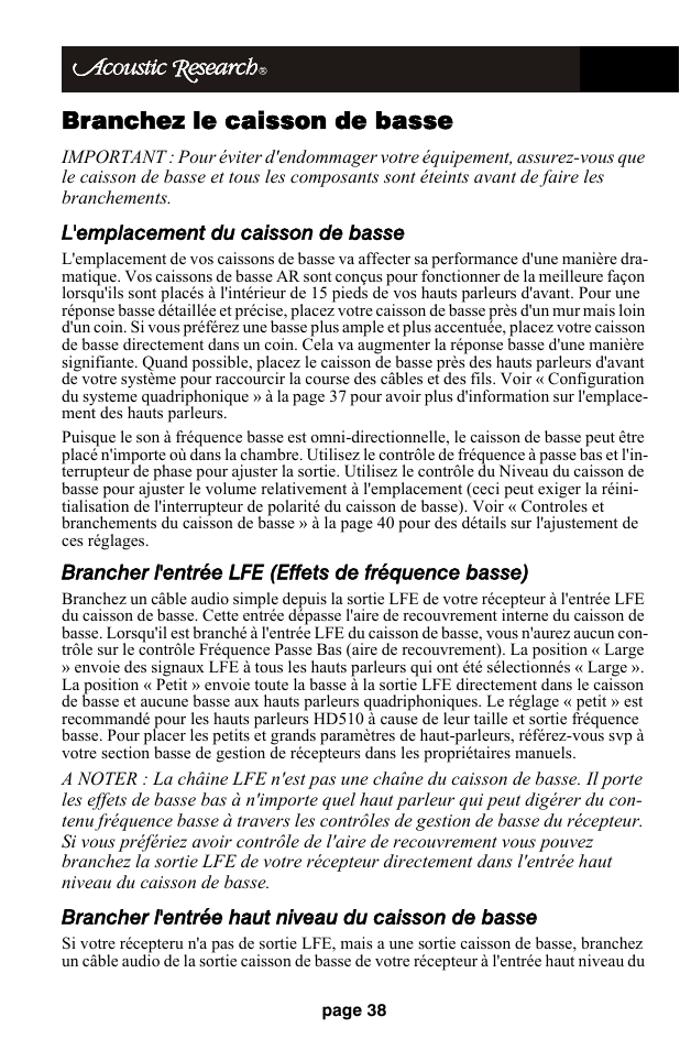 Branchez le caisson de basse, L'emplacement du caisson de basse, Brancher l'entrée lfe (effets de fréquence basse) | Brancher l'entrée haut niveau du caisson de basse | Audiovox HD510 User Manual | Page 40 / 51