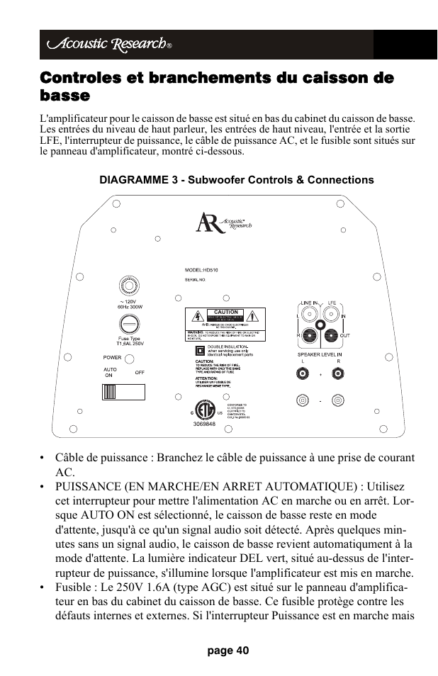 Controles et branchements du caisson de basse | Audiovox HD510 User Manual | Page 42 / 51