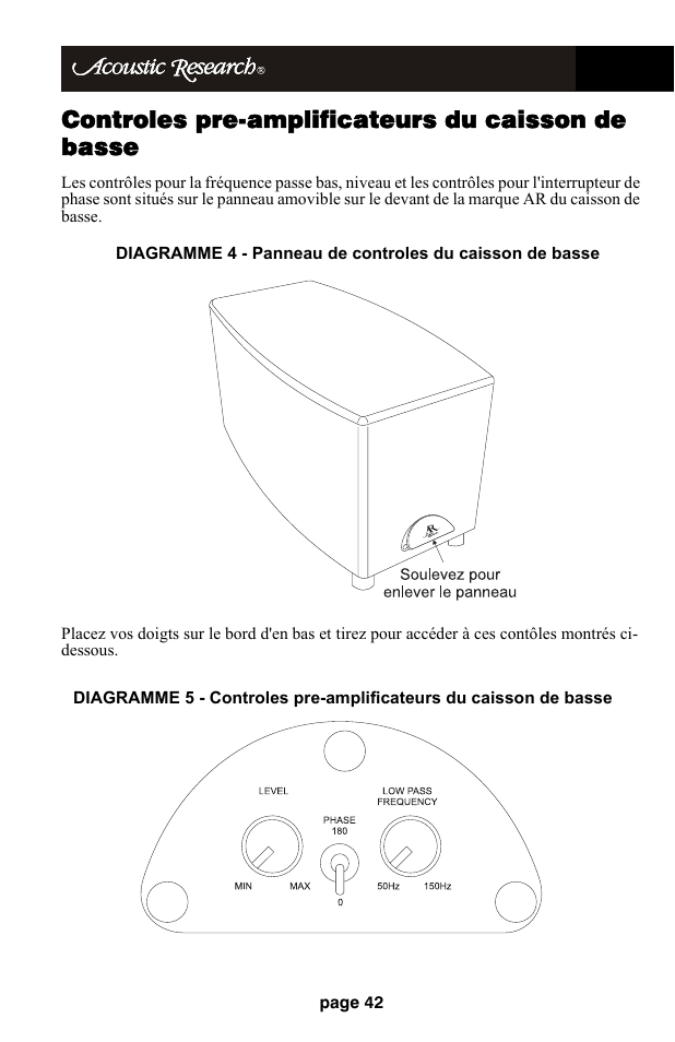 Controles pre-amplificateurs du caisson de basse | Audiovox HD510 User Manual | Page 44 / 51