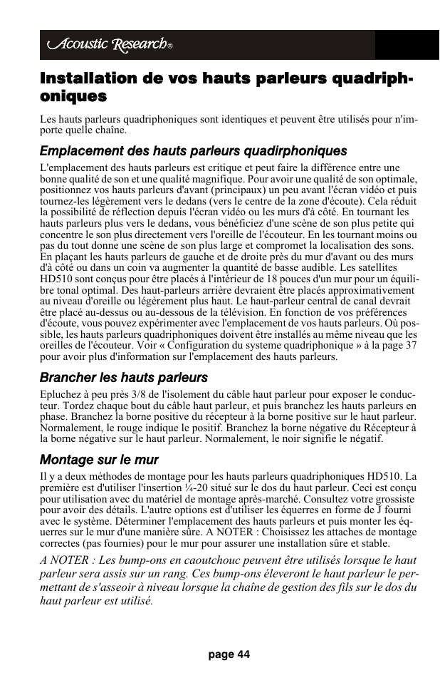 Emplacement des hauts parleurs quadirphoniques, Brancher les hauts parleurs, Montage sur le mur | Audiovox HD510 User Manual | Page 46 / 51