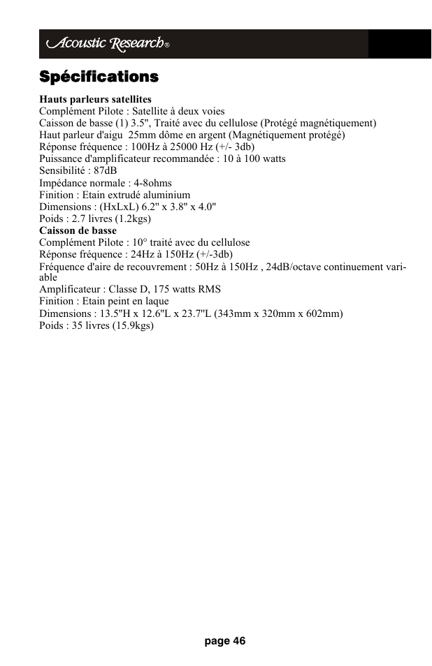 Spécifications | Audiovox HD510 User Manual | Page 48 / 51