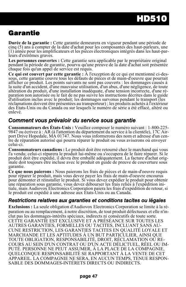 Hd510, Garantie, Comment vous prévaloir du service sous garantie | Audiovox HD510 User Manual | Page 49 / 51