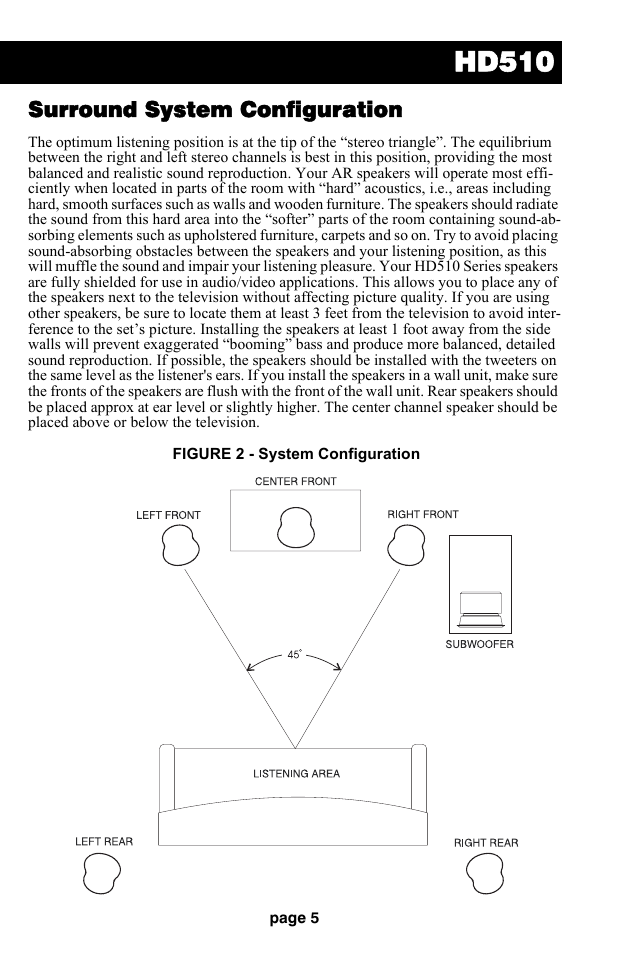 Hd510, Surround system configuration | Audiovox HD510 User Manual | Page 7 / 51