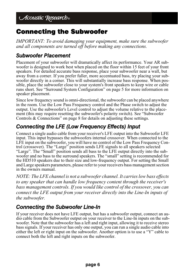 Connecting the subwoofer, Subwoofer placement, Connecting the lfe (low frequency effects) input | Connecting the subwoofer line-in | Audiovox HD510 User Manual | Page 8 / 51