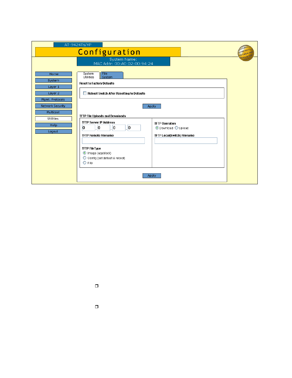 Figure 29: system utilities tab | Allied Telesis AT-S63 User Manual | Page 102 / 244