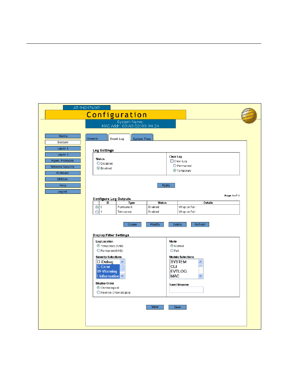 Enabling or disabling the event logs, Figure 30: event log tab | Allied Telesis AT-S63 User Manual | Page 106 / 244