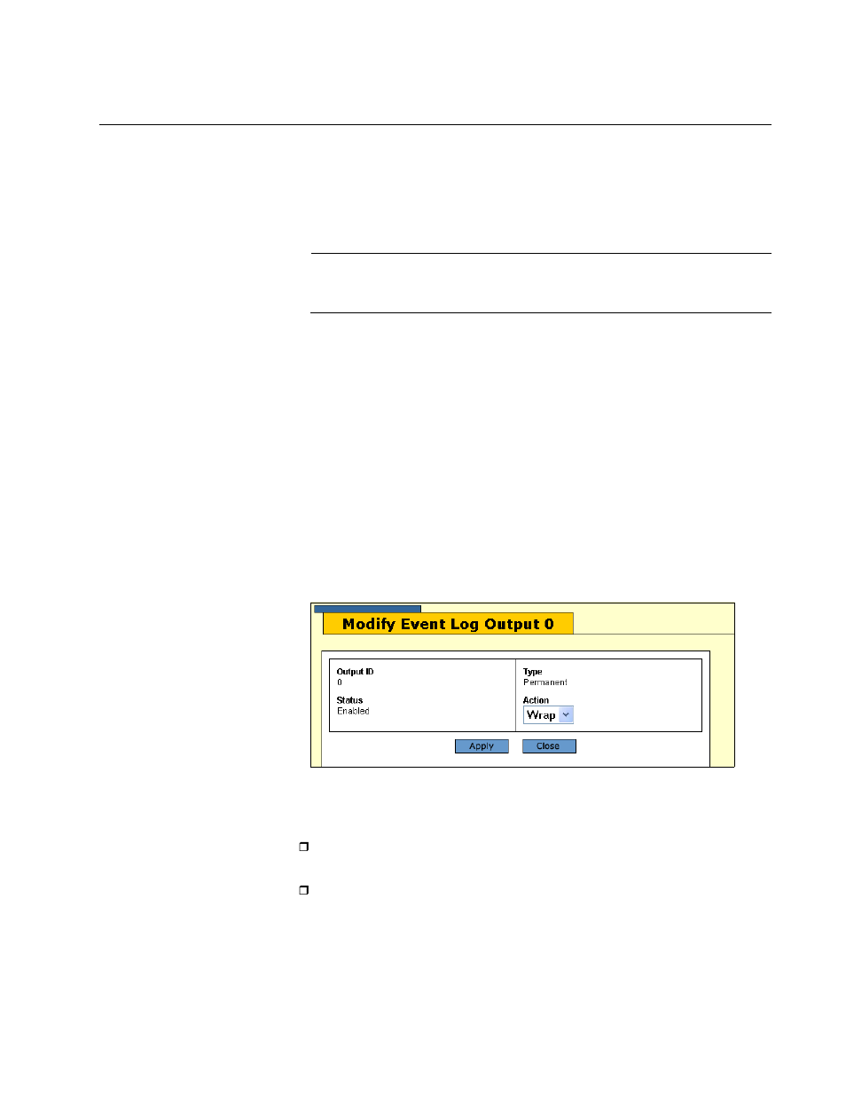 Modifying an event log’s full action, Figure 33: modify event log output window | Allied Telesis AT-S63 User Manual | Page 115 / 244