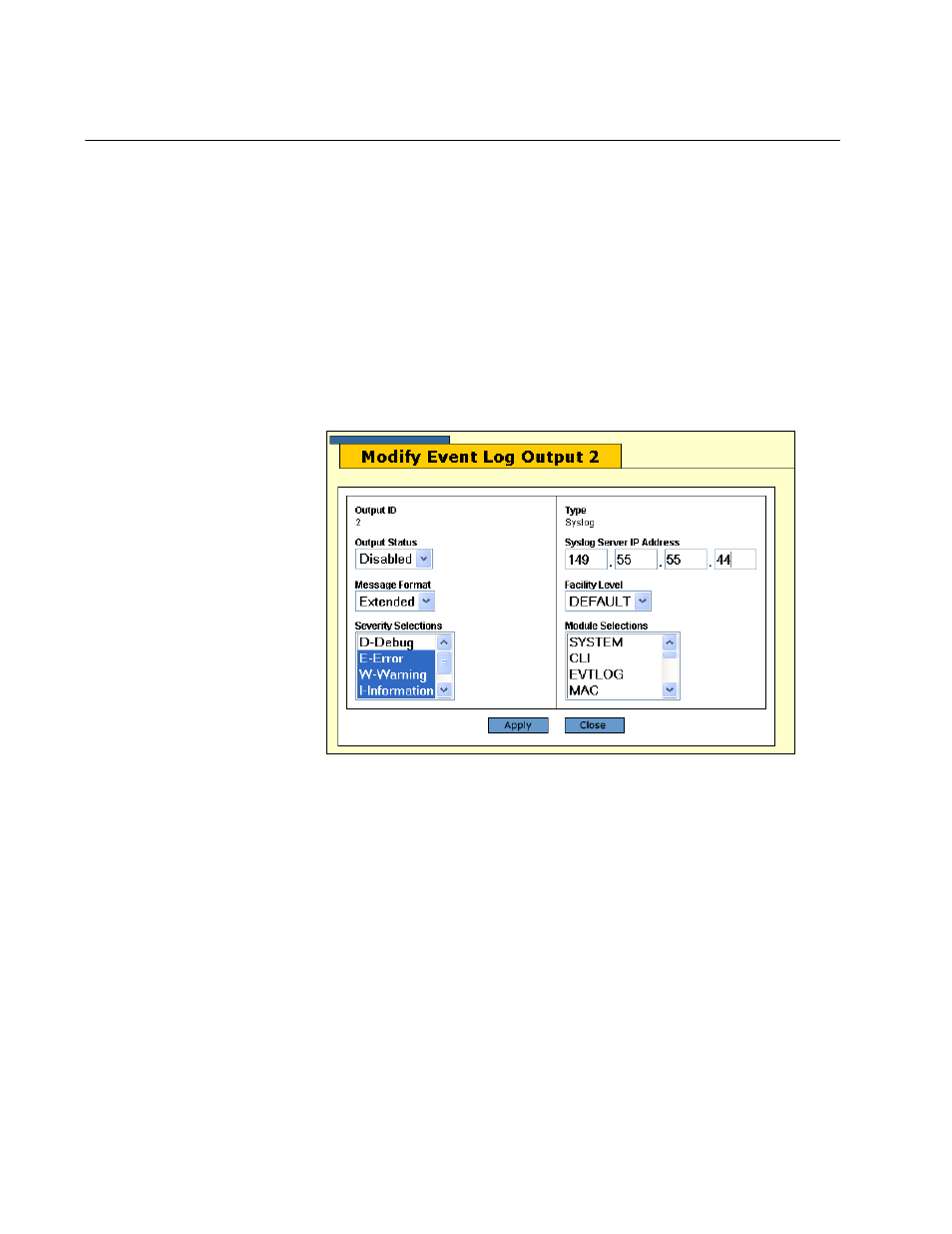 Modifying syslog output definitions, Figure 35: modify event log output window | Allied Telesis AT-S63 User Manual | Page 120 / 244