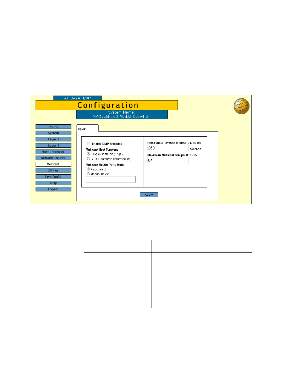 Configuring igmp snooping, Figure 36: igmp tab, Table 19: igmp tab | Allied Telesis AT-S63 User Manual | Page 124 / 244