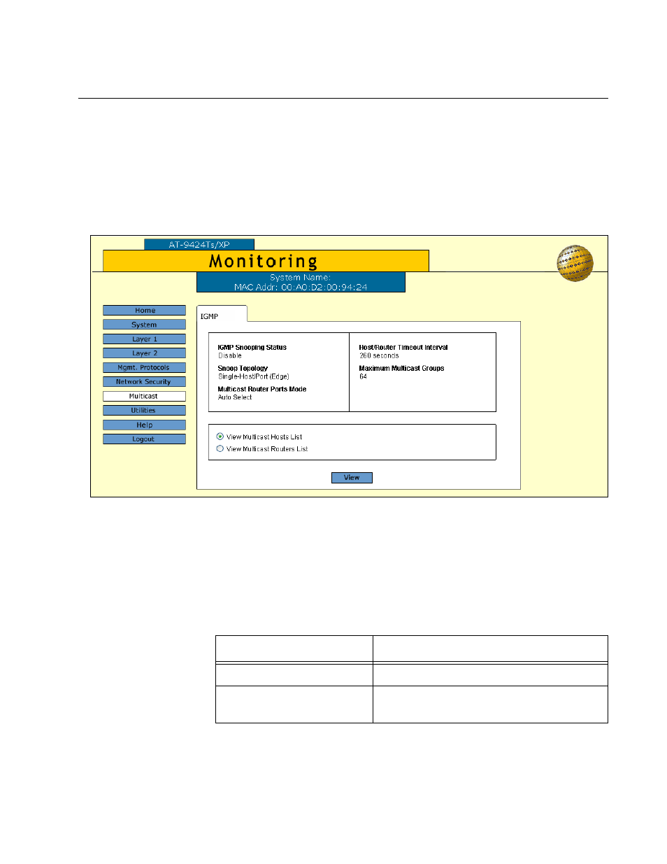 Figure 37: igmp tab (monitoring), Table 20: view multicast hosts list window | Allied Telesis AT-S63 User Manual | Page 127 / 244
