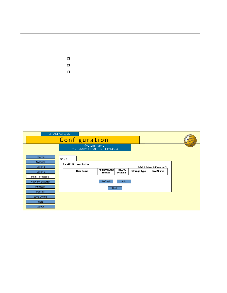Configuring the snmpv3 user table, Creating a user table entry, Figure 38: snmpv3 user table tab | Allied Telesis AT-S63 User Manual | Page 134 / 244