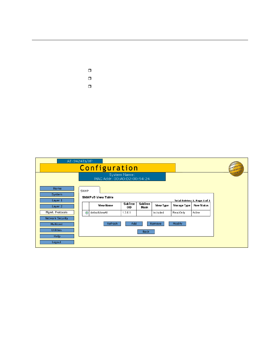 Configuring the snmpv3 view table, Creating a view table entry, Figure 41: snmpv3 view table tab | Allied Telesis AT-S63 User Manual | Page 139 / 244