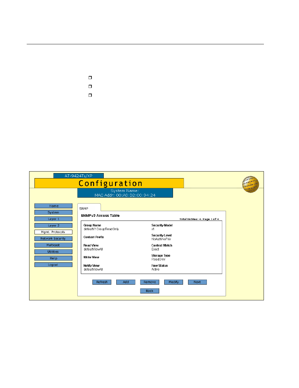 Configuring the snmpv3 access table, Creating an access table, Figure 44: snmpv3 access table tab | Allied Telesis AT-S63 User Manual | Page 144 / 244