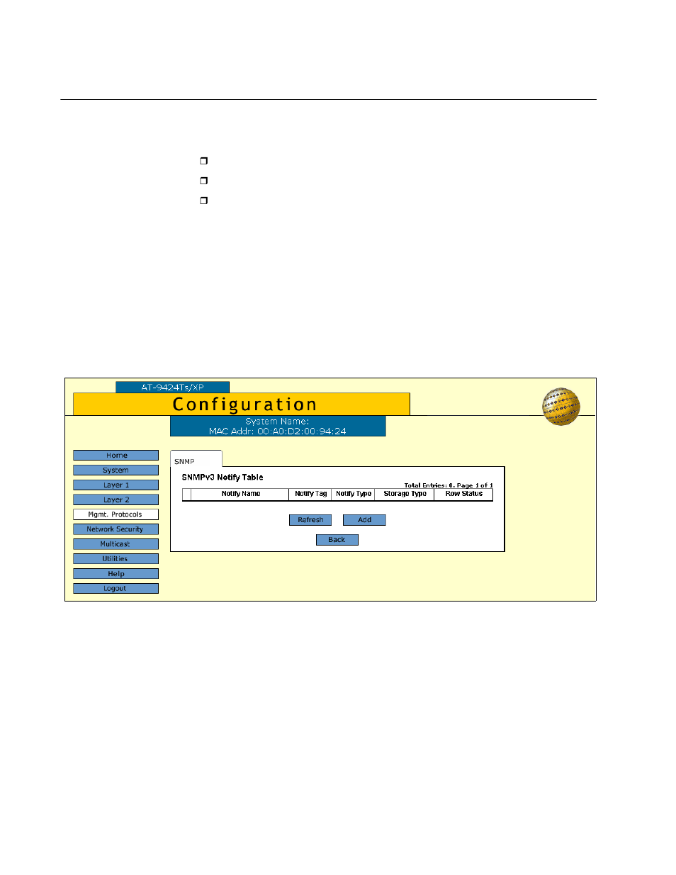 Configuring the snmpv3 notify table, Creating a notify table entry, Figure 50: snmpv3 notify table tab | Allied Telesis AT-S63 User Manual | Page 154 / 244