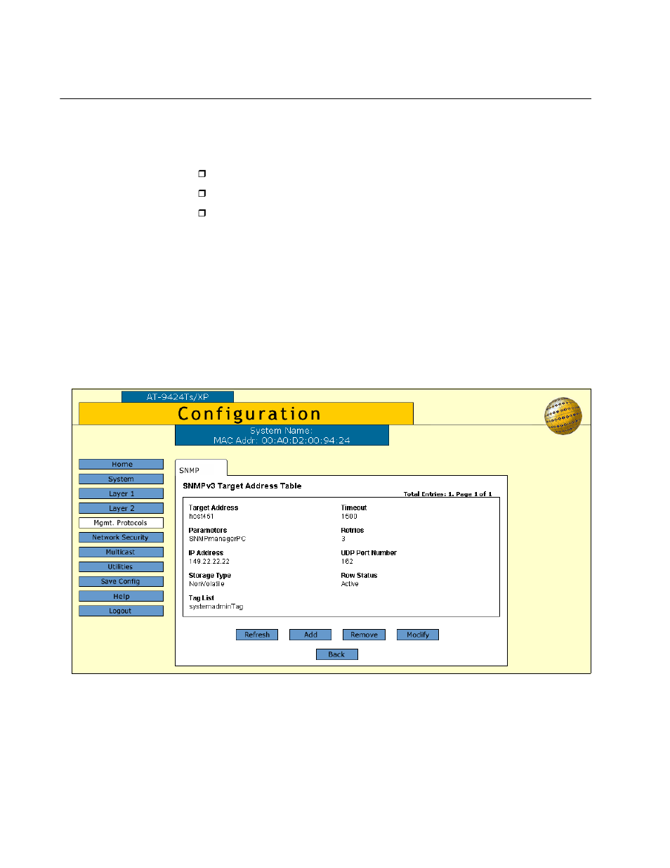 Configuring the snmpv3 target address table, Creating a target address table entry, Figure 53: snmpv3 target address table tab | Allied Telesis AT-S63 User Manual | Page 158 / 244