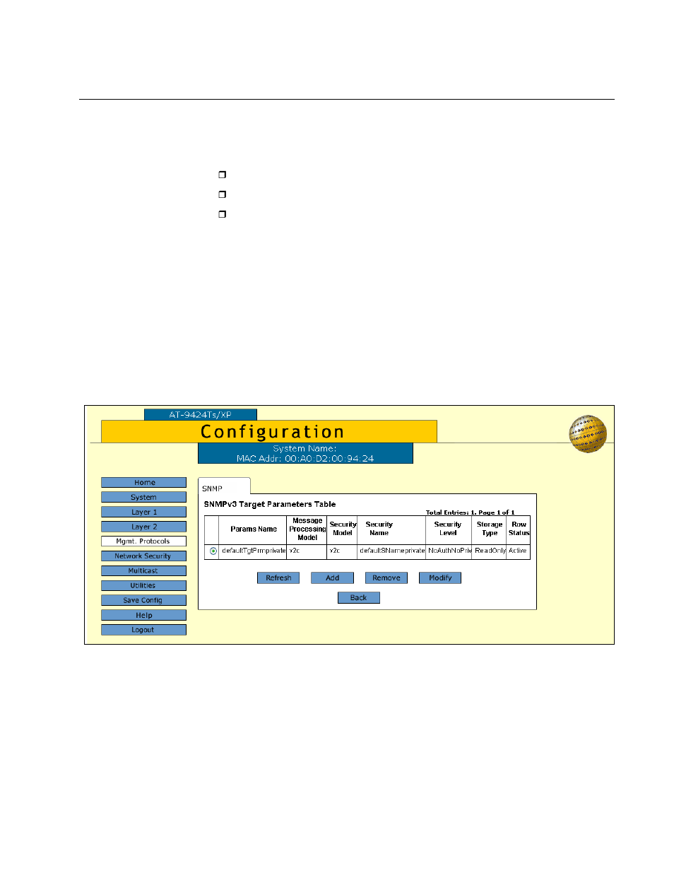 Configuring the snmpv3 target parameters table, Creating a target parameters table entry, Figure 56: snmpv3 target parameters table tab | Allied Telesis AT-S63 User Manual | Page 163 / 244