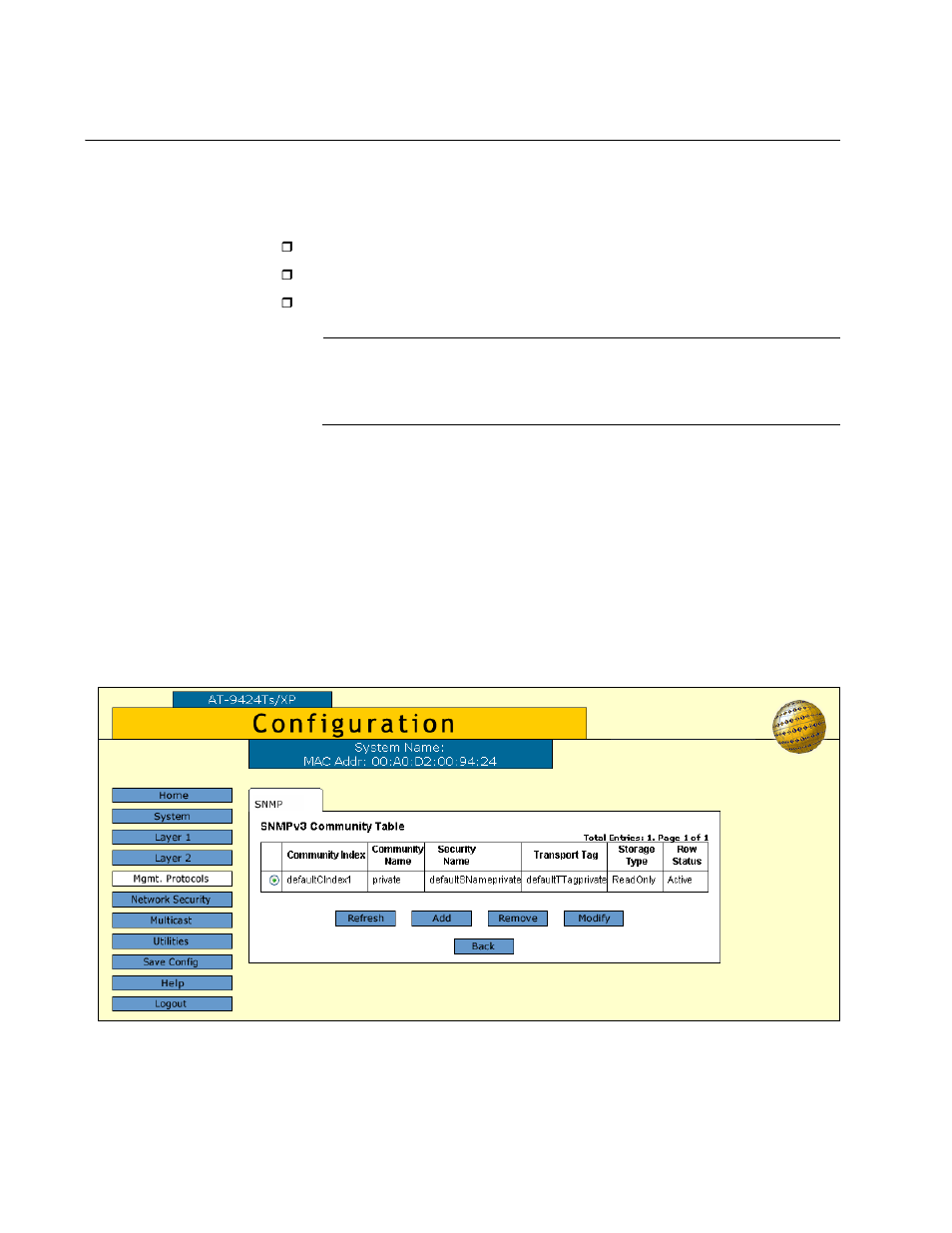 Configuring the snmpv3 community table, Creating an snmpv3 community table entry, Figure 59: snmpv3 community table tab | Allied Telesis AT-S63 User Manual | Page 168 / 244