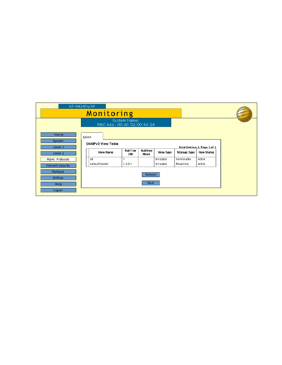 Displaying the view table entries, Figure 63: snmpv3 view table tab (monitoring) | Allied Telesis AT-S63 User Manual | Page 173 / 244