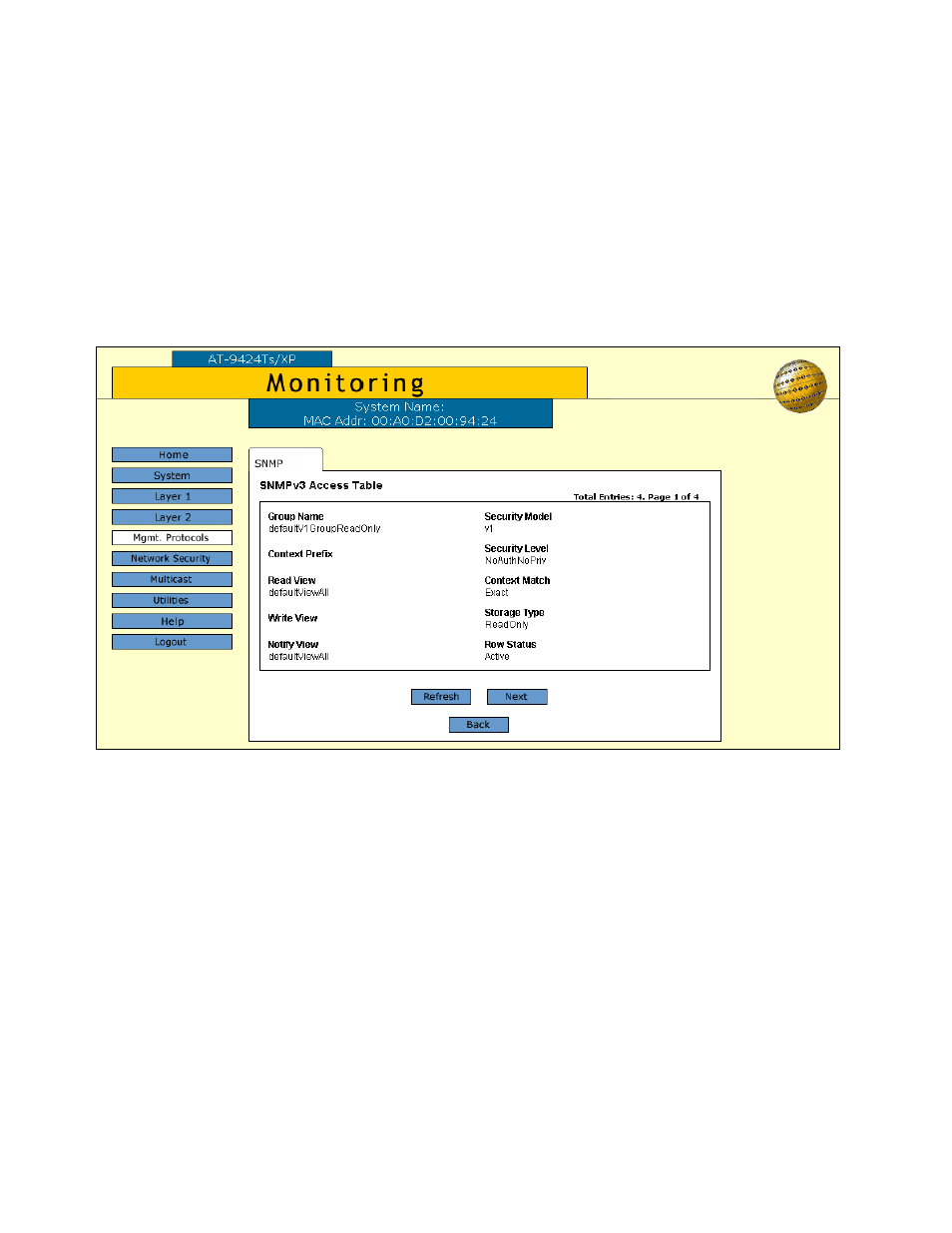 Displaying the access table entries, Figure 64: snmpv3 access table tab (monitoring) | Allied Telesis AT-S63 User Manual | Page 174 / 244