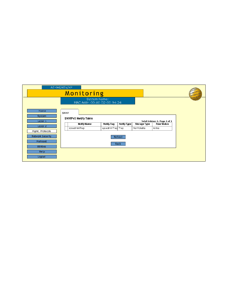 Displaying the notify table entries, Figure 66: snmpv3 notify table tab (monitoring) | Allied Telesis AT-S63 User Manual | Page 176 / 244