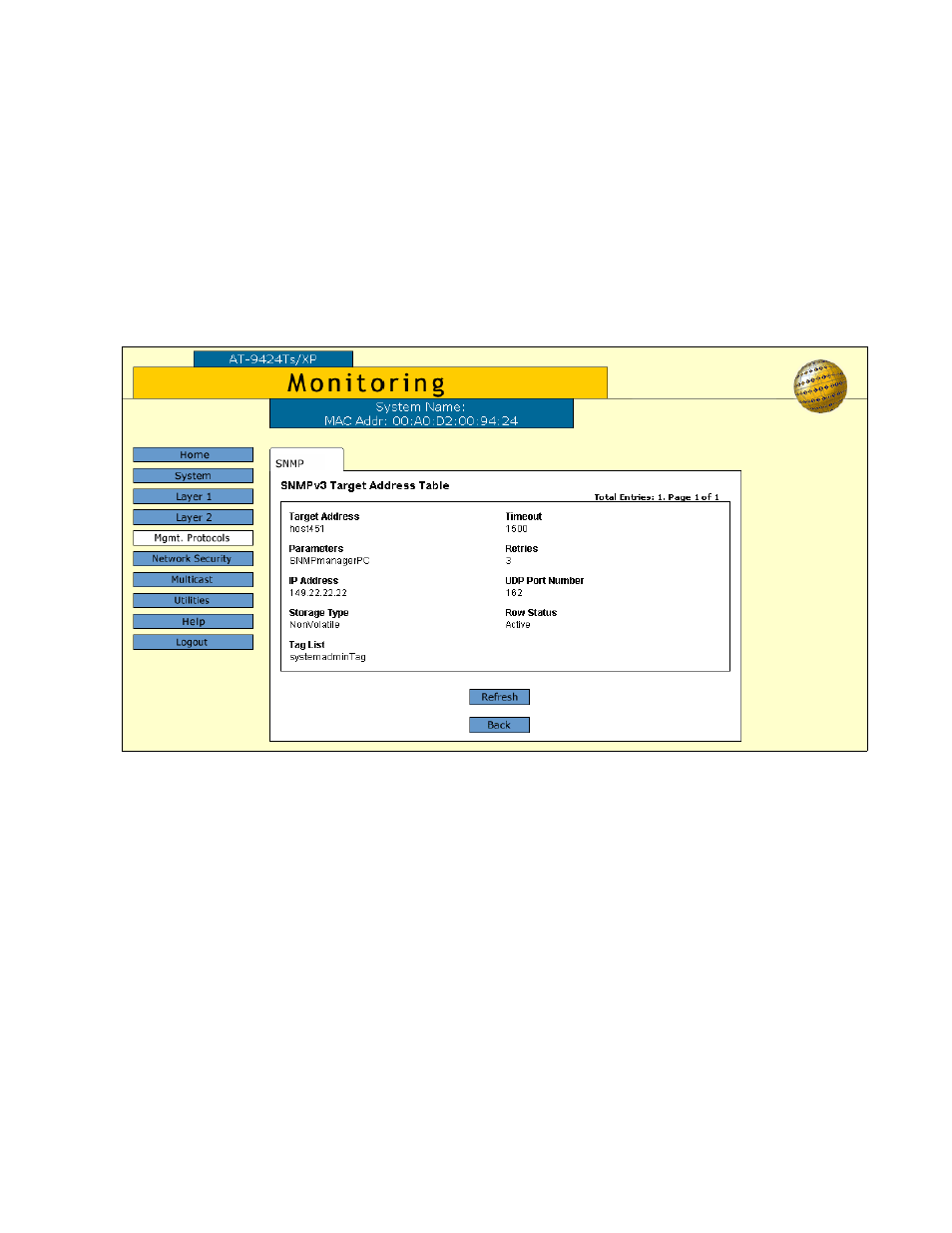 Displaying the target address table entries | Allied Telesis AT-S63 User Manual | Page 177 / 244