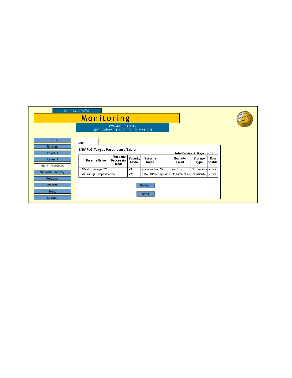 Displaying the target parameters table entries | Allied Telesis AT-S63 User Manual | Page 178 / 244