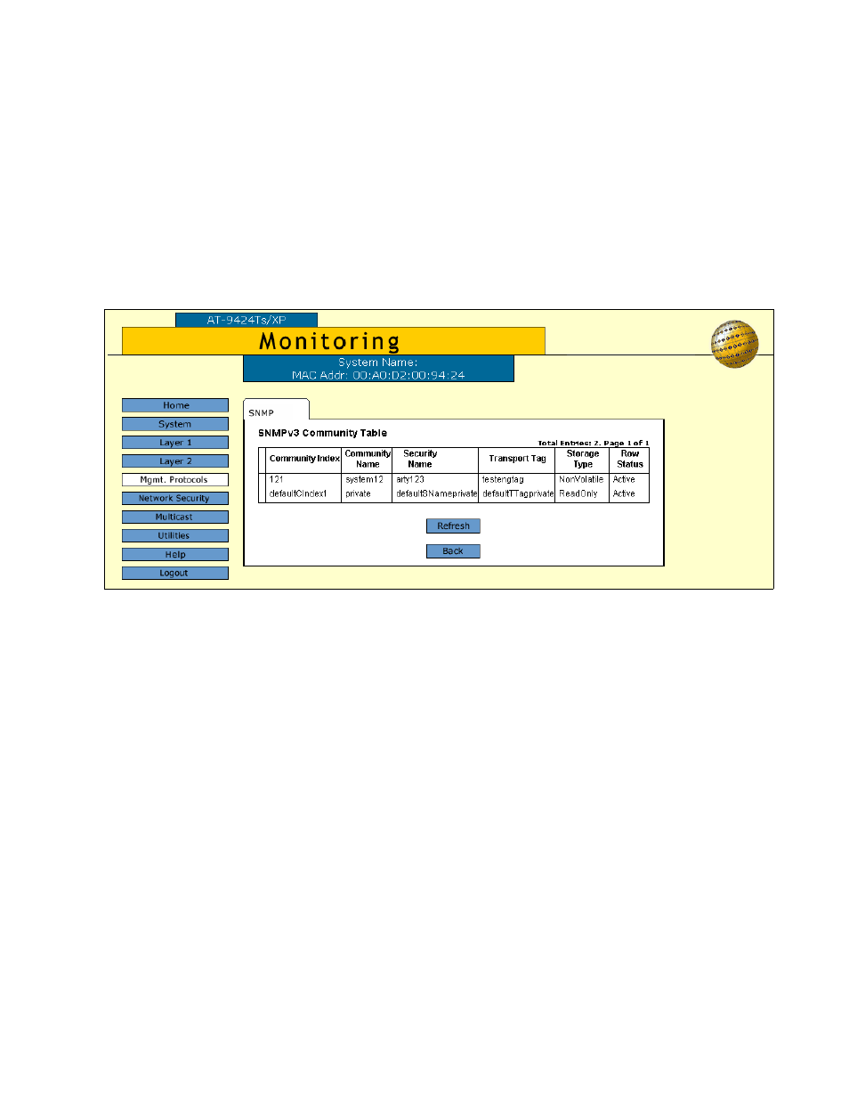 Displaying the snmpv3 community table entries, Figure 69: snmpv3 community table tab (monitoring) | Allied Telesis AT-S63 User Manual | Page 179 / 244
