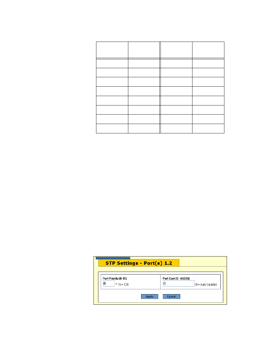 Configuring the stp port settings, Figure 72: stp settings window, Table 31: bridge priority value increments | Allied Telesis AT-S63 User Manual | Page 190 / 244
