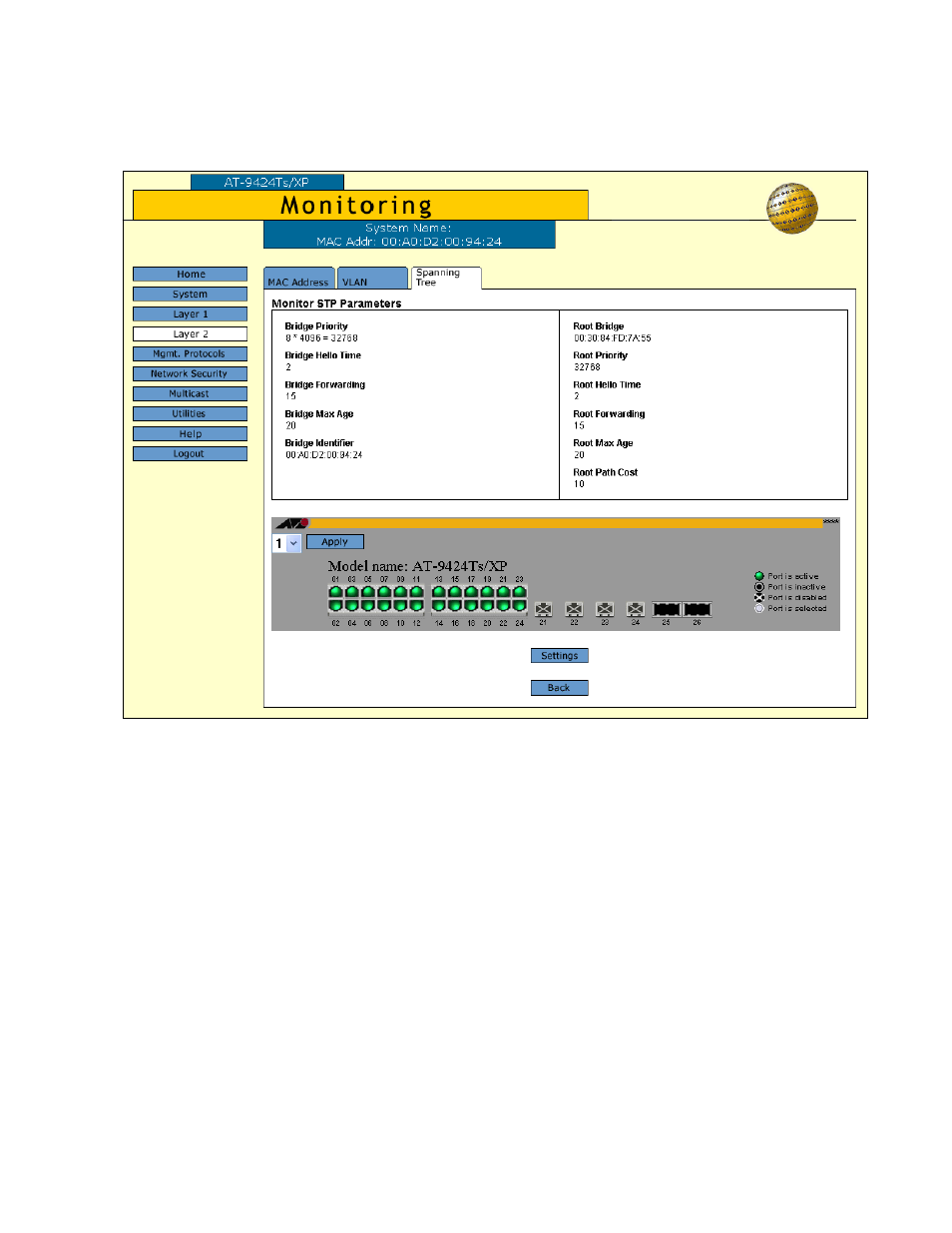 Figure 74: stp parameters tab (monitoring) | Allied Telesis AT-S63 User Manual | Page 193 / 244
