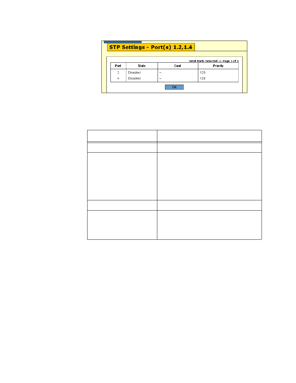 Restoring the stp default settings, Figure 75: stp settings window, Table 34: stp port settings | Allied Telesis AT-S63 User Manual | Page 194 / 244