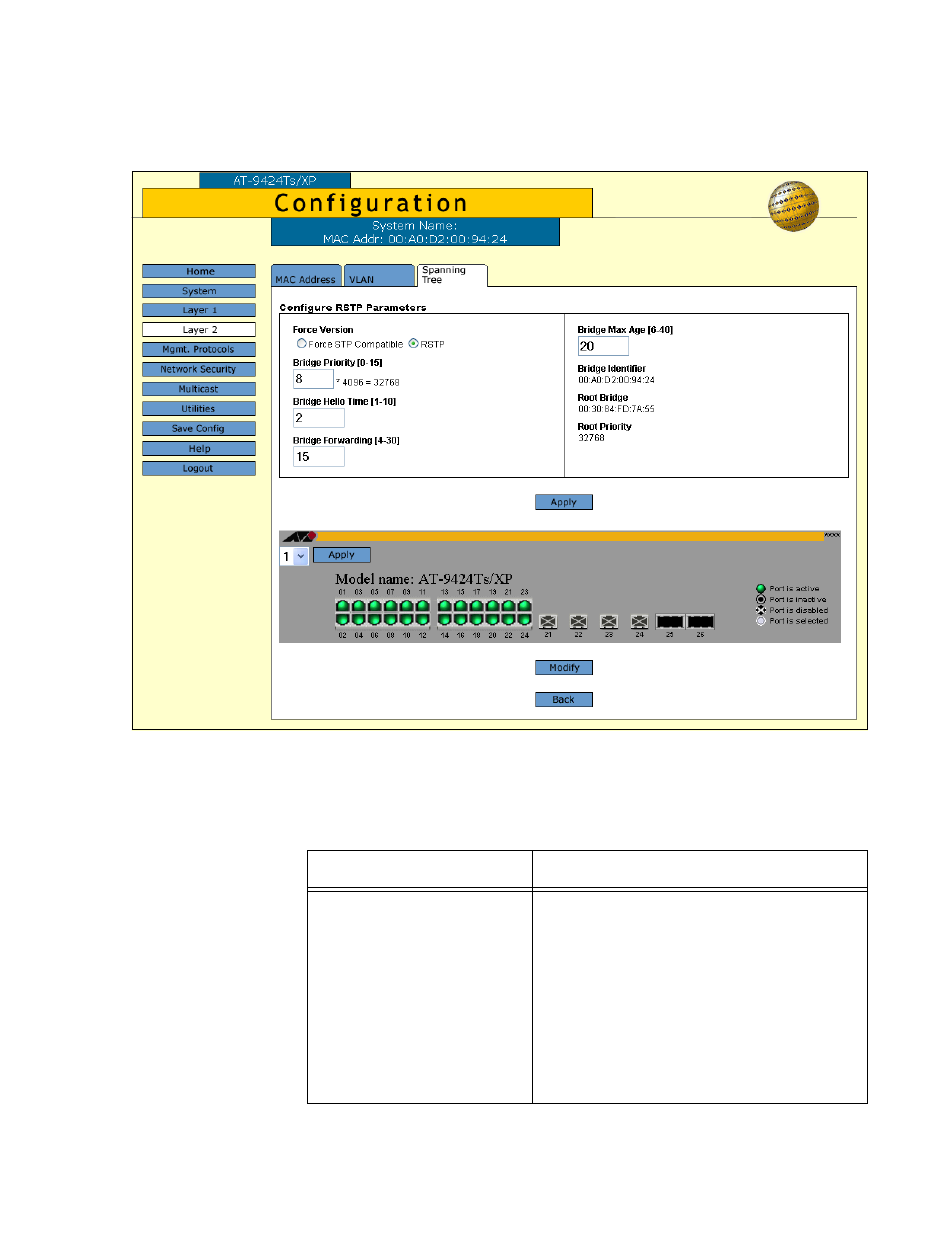 Figure 76: configure rstp parameters tab, Table 35: rstp parameters | Allied Telesis AT-S63 User Manual | Page 197 / 244