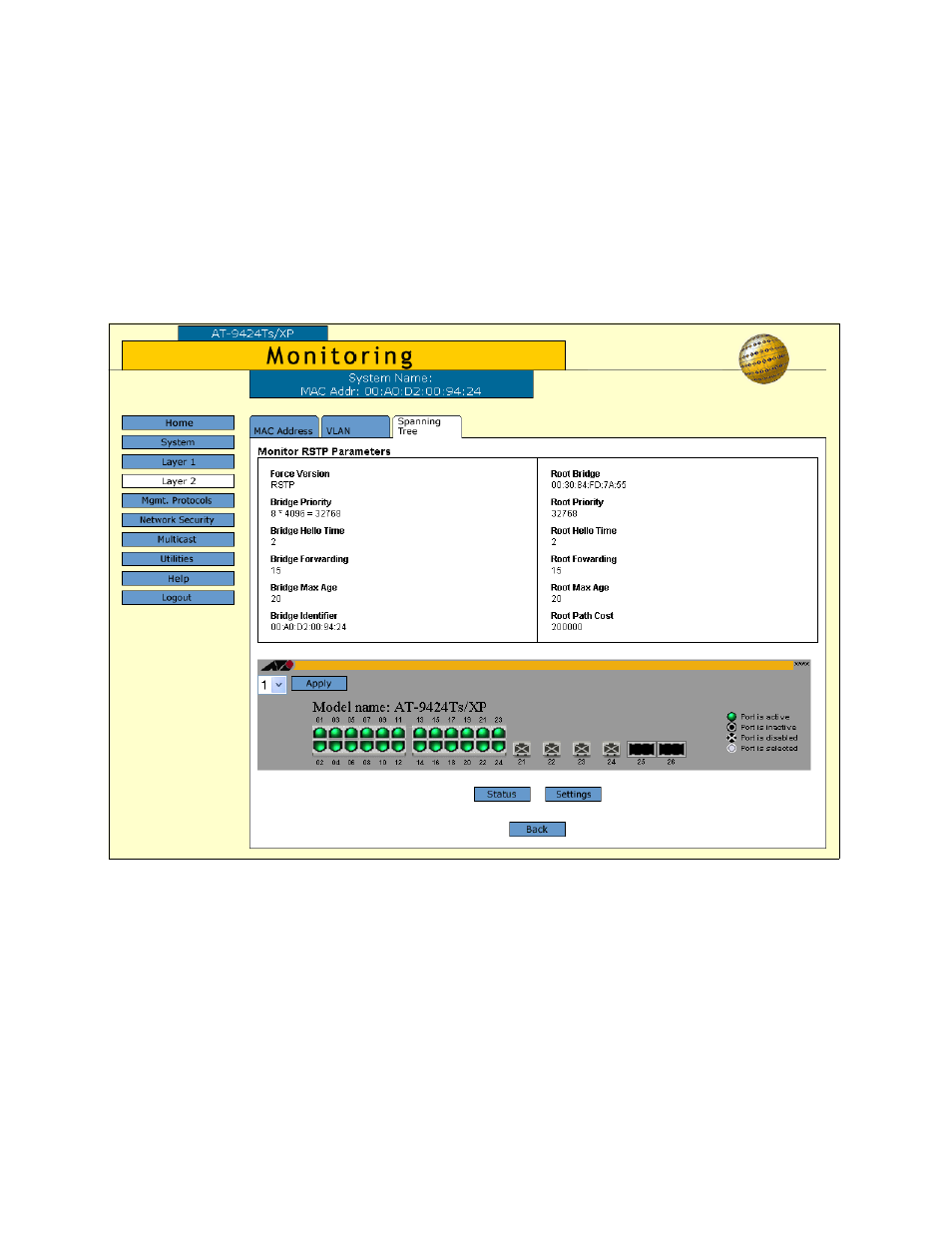 Displaying rstp settings, Figure 78: monitor rstp parameters tab | Allied Telesis AT-S63 User Manual | Page 202 / 244