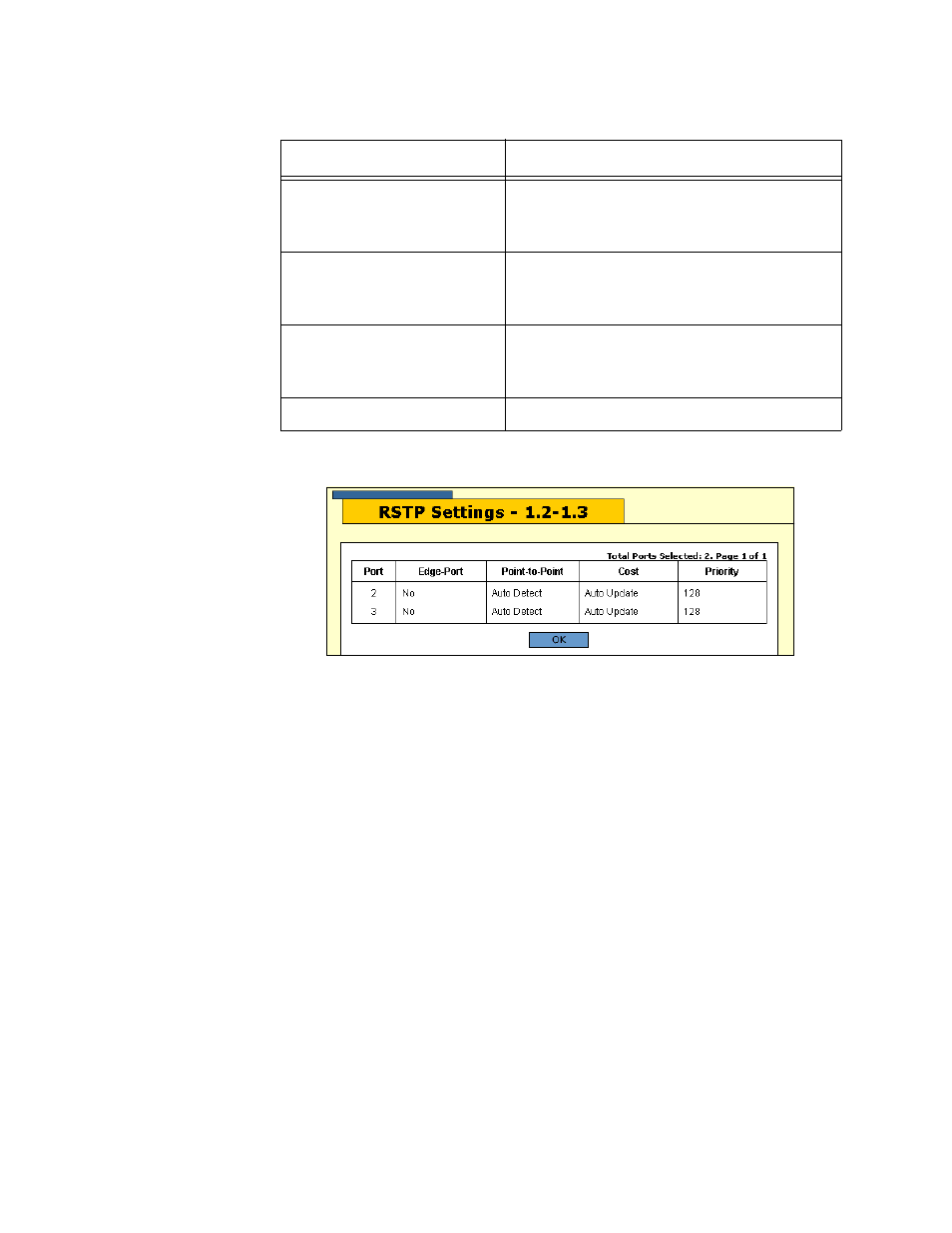Restoring the rstp default settings, Figure 80: rstp settings window | Allied Telesis AT-S63 User Manual | Page 204 / 244