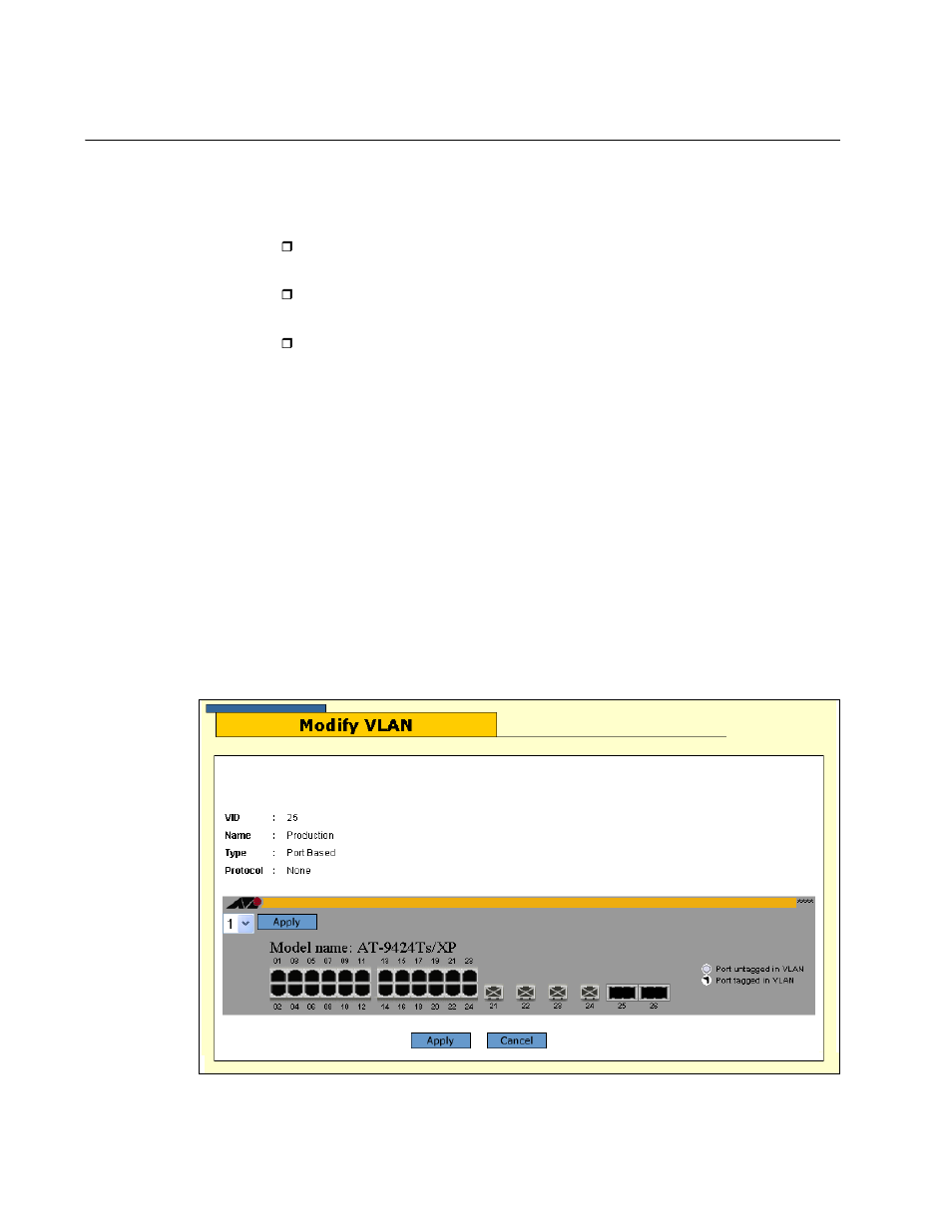 Adding or removing vlan ports, Figure 83: modify vlan window | Allied Telesis AT-S63 User Manual | Page 214 / 244