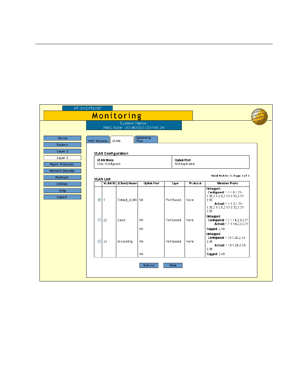 Displaying vlans, Figure 84: vlan tab (monitoring) | Allied Telesis AT-S63 User Manual | Page 217 / 244