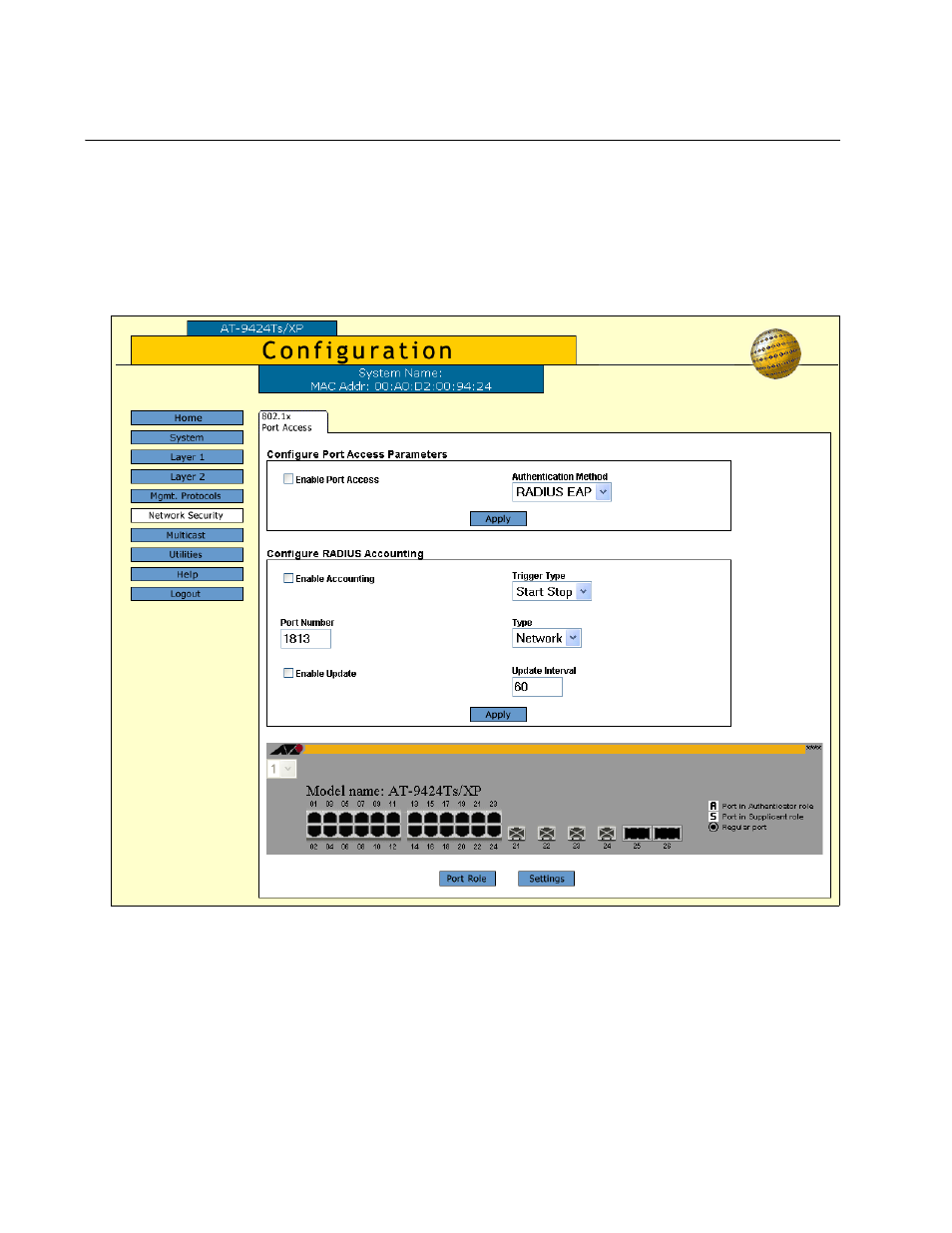 Setting the port roles, Figure 85: 802.1x port access tab | Allied Telesis AT-S63 User Manual | Page 222 / 244