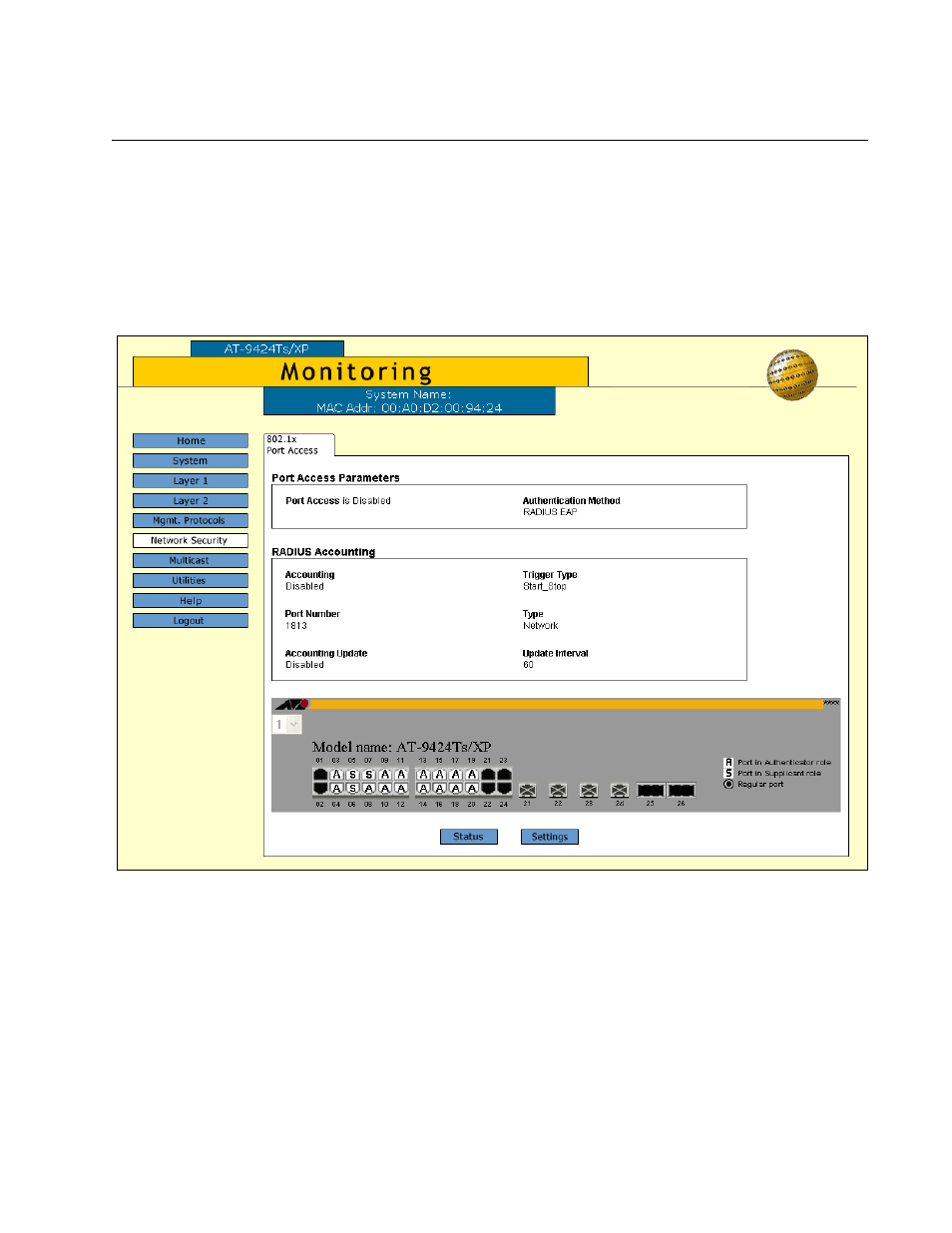 Displaying the port parameters and port status, Figure 89: 802.1x port access tab (monitoring) | Allied Telesis AT-S63 User Manual | Page 235 / 244