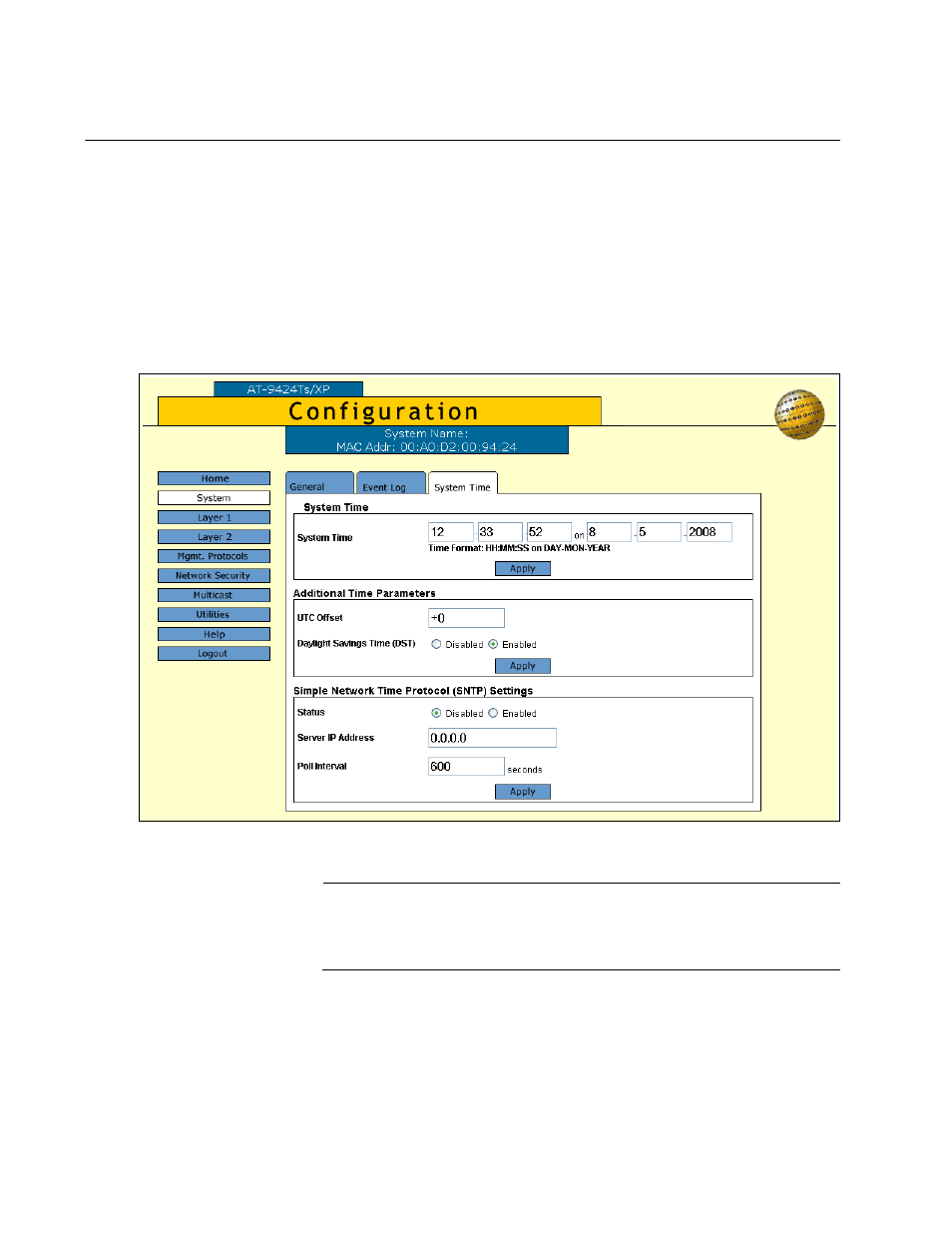 Setting the system date and time, Figure 2: system time tab | Allied Telesis AT-S63 User Manual | Page 24 / 244