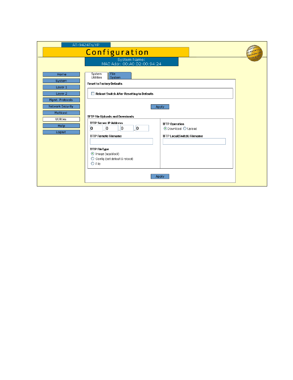 Figure 4: system utilities tab | Allied Telesis AT-S63 User Manual | Page 29 / 244