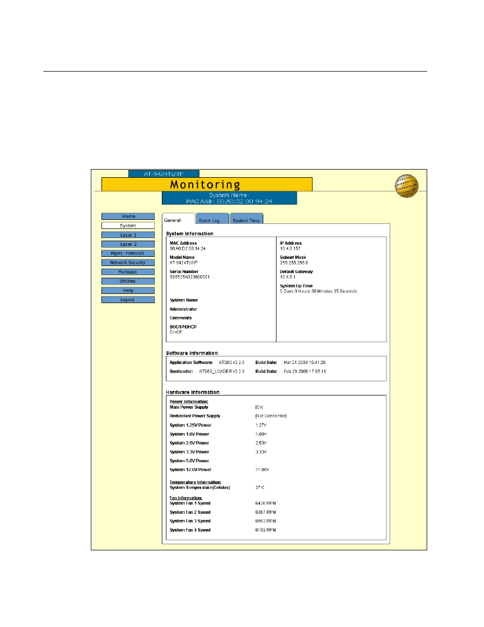 Displaying system information, Figure 5: general tab (monitoring) | Allied Telesis AT-S63 User Manual | Page 32 / 244