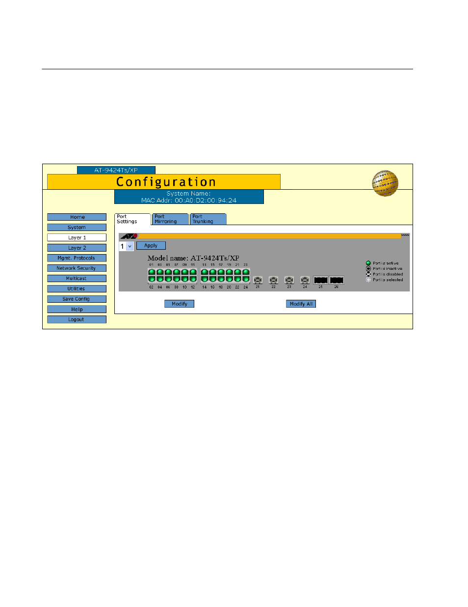 Configuring the port parameters, Figure 6: port settings tab | Allied Telesis AT-S63 User Manual | Page 36 / 244